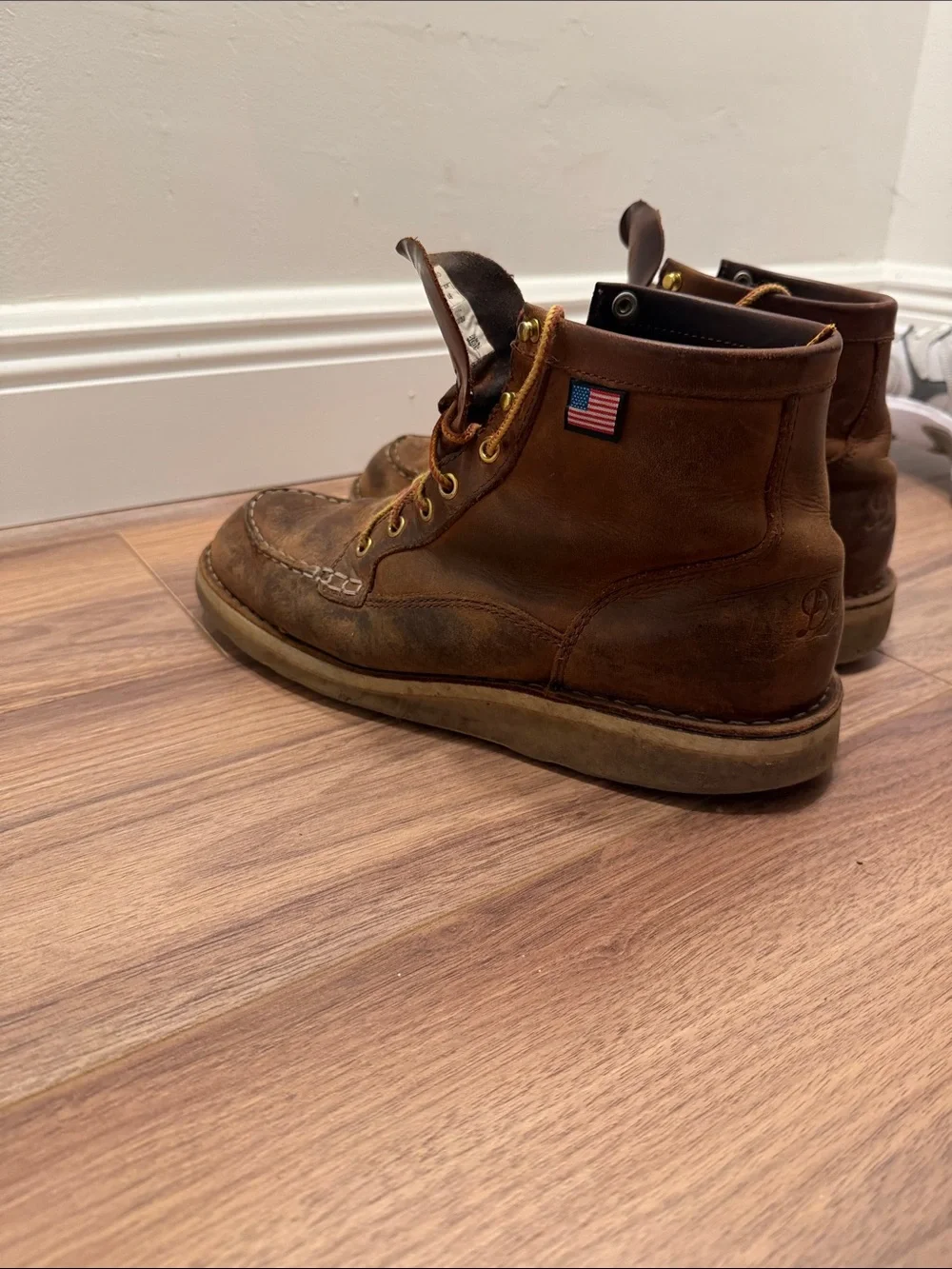 Danner Brown Leather Moc Toe Work Boots with American Flag Tab